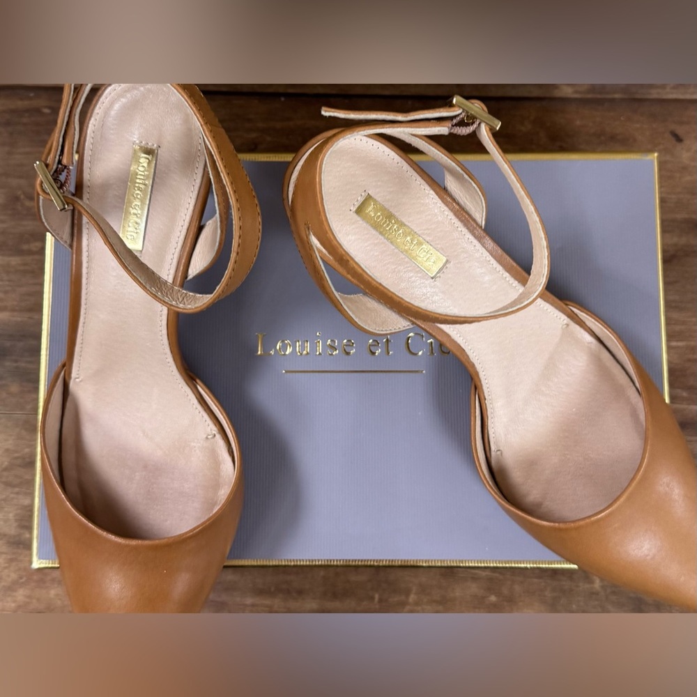 Louise et Cie Cognac Leather Ankle-Strap Heels